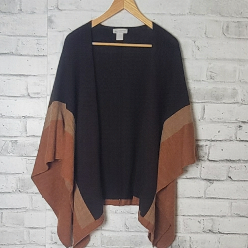 Corti Italy Wool Blend Poncho Wrap One Size Brown Black Open Front